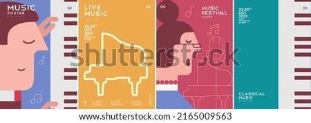 Music poster. Pianist. Piano. Opera singer. A set of vector illustrations. Minimalistic design. Cover, print, banner, flyer.