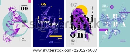 Birds. Set of vector posters with birds. Engraving illustrations and typography. Background images for cover, banner, poster. T-shirt print.