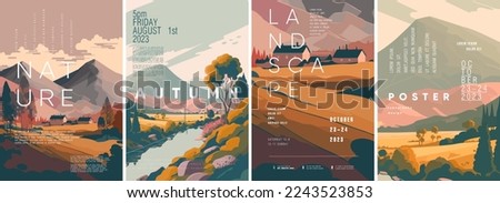 Nature and Landscape. Autumn. Europe. Typography design.  Set of flat vector illustrations.  Poster, label, cover.