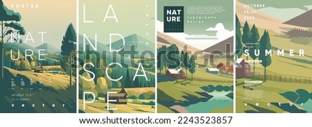 Nature and Landscape. Summer. Europe. Typography design.  Set of flat vector illustrations.  Poster, label, cover.