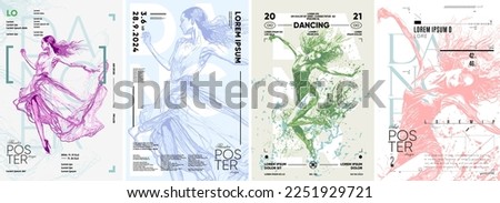 Dancing girl in flowers, fluttering dress. Dance studio.Typography posters design. Set of flat vector illustrations. Layout creative. Print, label, cover.