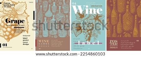 Wine. Grapes. Logo, label. Typography posters design. Simple pencil drawing. Set of flat vector illustrations. Print, banner, label, cover or t-shirt.