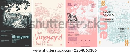 Nature. Landscape vineyard and farm. European landscape. Typography posters design. Simple pencil drawing. Set of flat vector illustrations. Print, banner, label, cover or t-shirt.