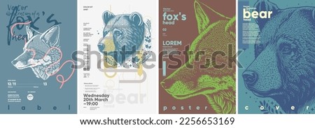 Fox and bear. Engraving style. Typography posters design. Simple pencil drawing. Set of flat vector illustrations. Print, banner, label, cover or t-shirt.