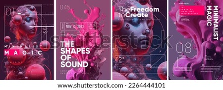 Abstract art design. Stiff, liquid, molten objects. Set of vector illustrations. Posters and musical covers, prints. Typography design and vectorized 3D illustrations on the background.