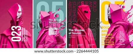 Style and fashion. Abstract art design. Set of vector illustrations. Posters and musical covers, prints. Typography design and vectorized 3D illustrations on the background.