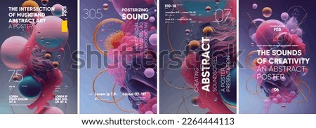 Abstract art design. Stiff, liquid, molten objects. Set of vector illustrations. Posters and musical covers, prints. Typography design and vectorized 3D illustrations on the background.