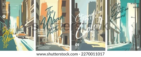 Urban landscapes. Set of vector illustrations. Typographic poster design and watercolor art on background.