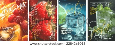 Fruit mix. Fruit cocktail, ice, lime, mint, orange. Juicy tropical background. Close up. Set of vector posters.Typography design and vectorized illustrations on the background.