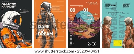 Space. Astronaut. Set of vector posters. Typography design and vectorized illustrations on the background.