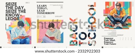 Back to School. First day of school. Set of vector illustrations. People are reading a book. Typography poster design and vectorized watercolor illustrations on a background. 