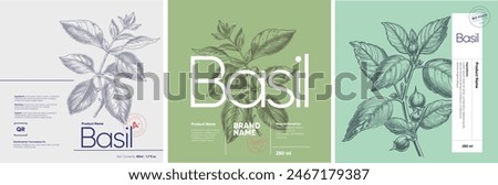 Three elegant labels showcasing basil plant illustrations in an engraving style, set against pastel-colored backgrounds with prominent, stylish typography.