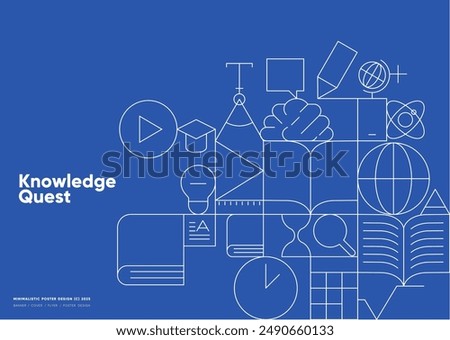 Back to school. Vibrant blue educational poster featuring line art representing learning tools and the quest for knowledge.