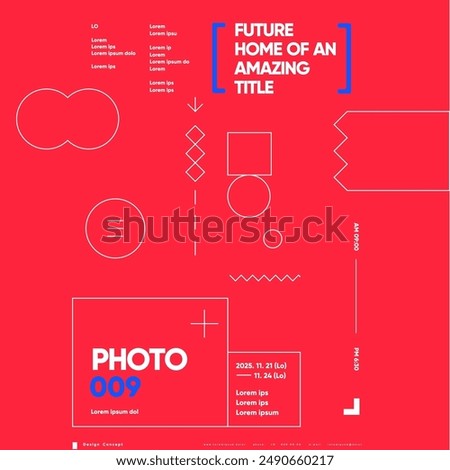 Bold red poster with a striking layout of geometric shapes and placeholders for future content, designed to capture attention.