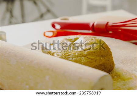 Christmas and new year kitchen with kitchen tools. chocolate dough