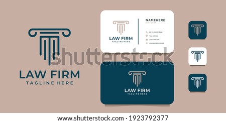 Law firm justice logo design with business card template inspiration. Logo can be used for icon, brand, identity, monogram, clean, modern, grey, and business company