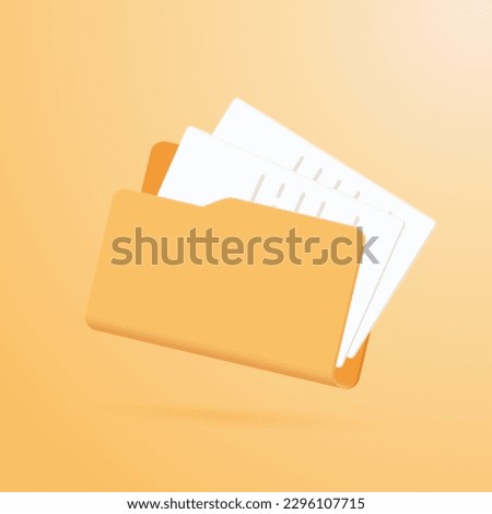 3D folder with document files. Yellow folder for documents storage. Vector Illustration.