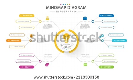 Infographic template for business. 6 Steps Modern Mindmap diagram with several topics, presentation vector infographic.