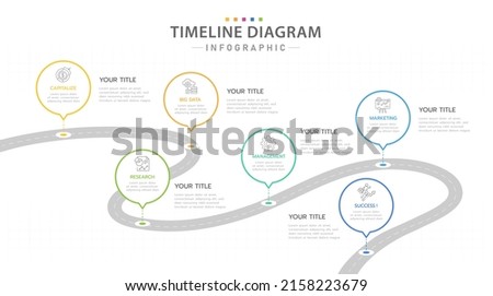 Infographic template for business. 6 Steps Modern Timeline diagram with road journey concept, presentation vector infographic.