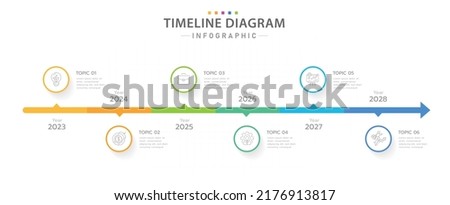 Infographic template for business. 6 Steps Modern Timeline diagram calendar with yearly topics, presentation vector infographic.