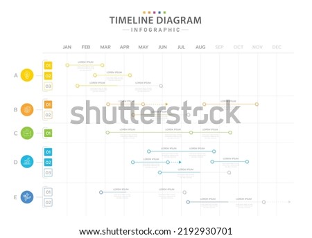Infographic template for business. 12 Months modern Timeline diagram calendar with 5 Main Topics, presentation vector infographic.
