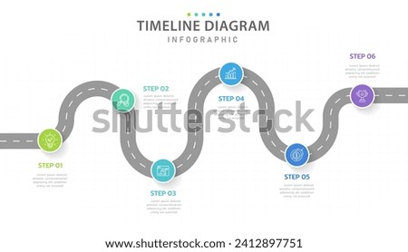 Infographic template for business. 6 Steps Modern Timeline diagram with road journey concept, presentation vector infographic.