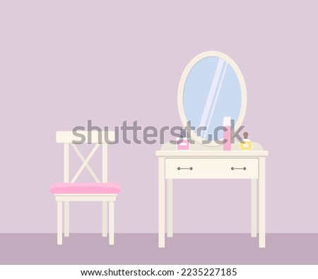 Dressing table with mirror, and chair isolated on purple background. Home interior concept. Cartoon flat style. Vector illustration
