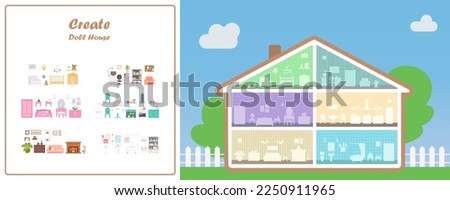 Doll House in cross section with place for furniture. Furniture for different rooms. Doll house interior concept. Vector illustration. Cartoon flat style