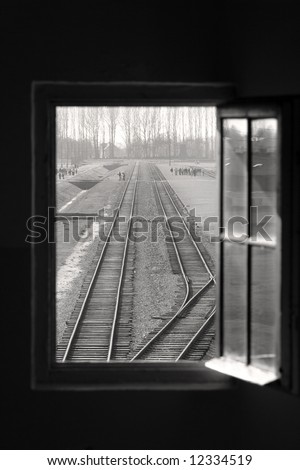 View from watch tower window onto Train tracks entering Birkenau Concentration Camp, Oswiecim, Poland