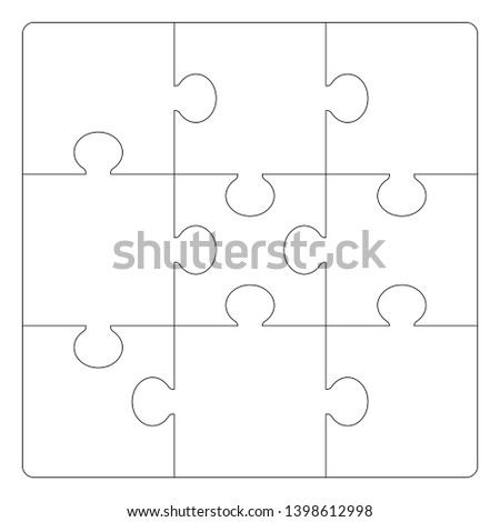 Puzzles grid template. Jigsaw puzzle 9 pieces, thinking game and 3x3 jigsaws detail frame design. Business assemble metaphor or puzzles game challenge vector illustration