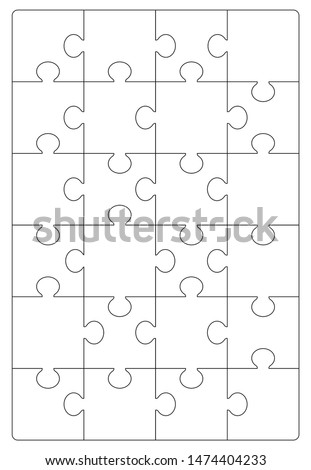 Puzzles grid. Jigsaw puzzle 24 pieces, thinking game and 6x4 jigsaws detail  frame Stock Vector