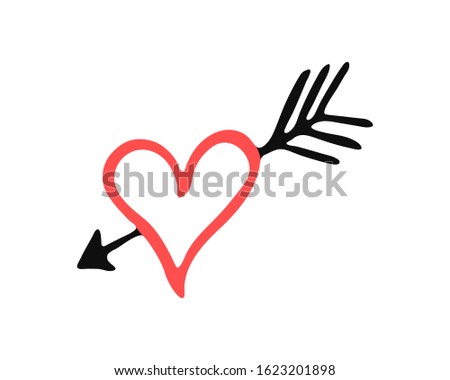 Isolated red hand drawn heart with black arrow. Cupid love symbol for logo, holiday, icon. Vector illustration