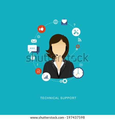 Flat design illustration with icons. Technical support assistant