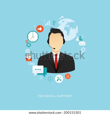 Technical support flat illustration. Man with icons. eps8