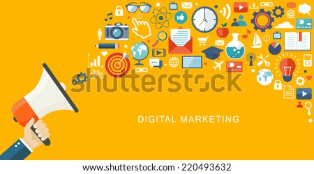 Digital marketing flat illustration. Hand with speaker and icons.Eps10
