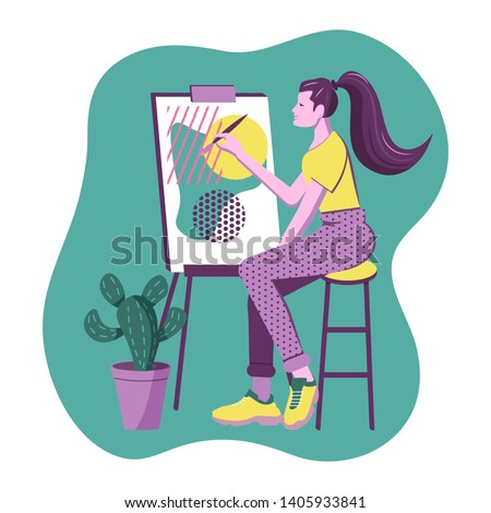 Woman artist painting. Young lady near an easel drawing. Hobby. 