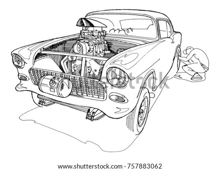 Man shifting tires on modified classic car in the style of a Gasser, dragster, transparent vector file made from hand drawn ink drawing.