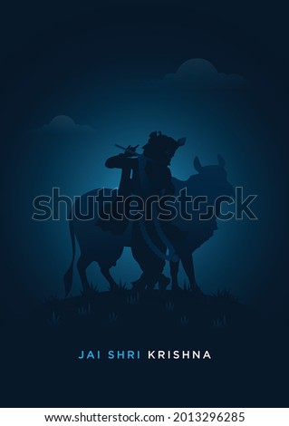 Jai Shree Krishna Minimal Poster, Krishna Playing Flute, Happy Janmashtami - Vector