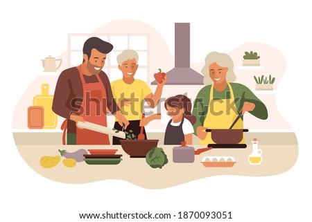 Happy family cooking in cozy bright modern kitchen. Vector flat illustration isolated on white background with parents spending time with two children, talking, laughing and eating healthy meal