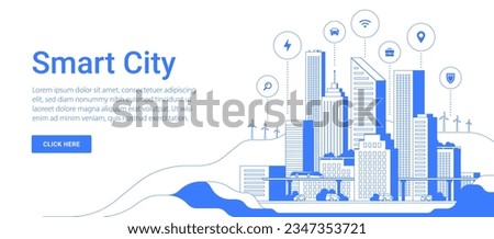 Modern smart city graphic in one blue color line art. Innovative technologies for saving the planet. City landscape with infographic elements. Website template.