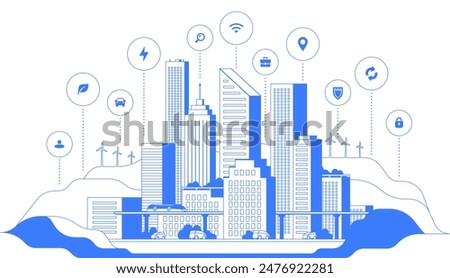 Smart city graphic in one blue color line art. Innovative technologies banner. Business downtown landscape with infographic elements. Modern illustration of town with public transport and traffic.