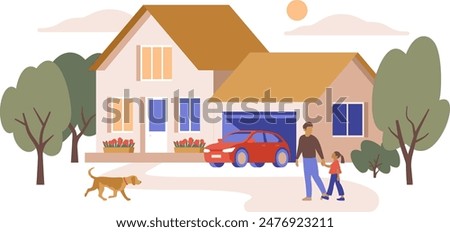 Illustration of a family house with a garage, red car, and trees. The banner concept of beautiful, cozy home. American dream vector graphic isolated. Father, daughter, and dog walk in the front yard.