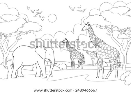 African animals landscape coloring page. Elephant and giraffe line art illustration. Nature of africa wildlife. Not merged, separate elements.