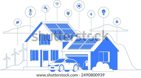 Electric car home charging station. Isolated vector line art illustration of sustainable lifestyle with solar panels and wind turbines.