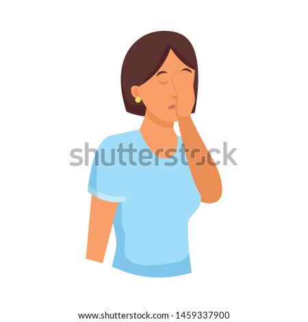 Cute brunette woman in blue shirt cover his face