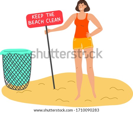 Young girl fixing attention sign about keaping beach clean vector illustration