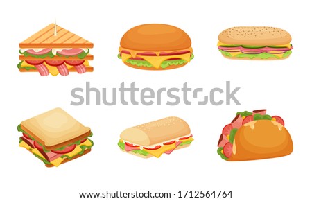 Set of delicious juicy sandwiches filled with vegetables, cheese, meat, bacon. Vector illustration in flat cartoon style