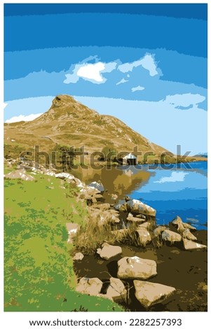 Nostalgic retro travel poster. Pared y Cefn-hir mountain, and Cregennan lake during autumn in the Snowdonia National Park, Dolgellau, Wales, UK.