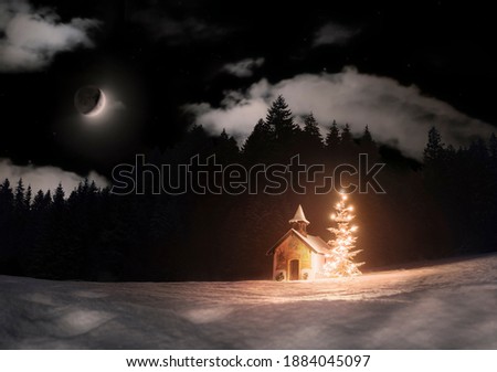 Image, Stock Photo Small church at night against sky with aurora borealis