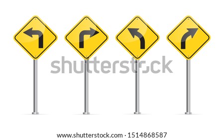 Curved road sign set on white background. Vector illustration.